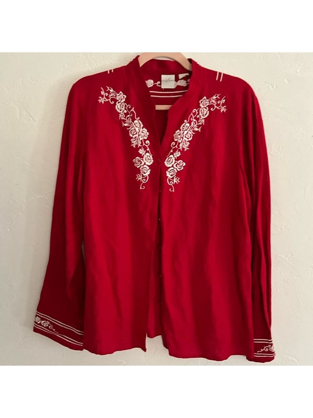 Emma James Embroidered Rose Red Button Down Blouse Size 14